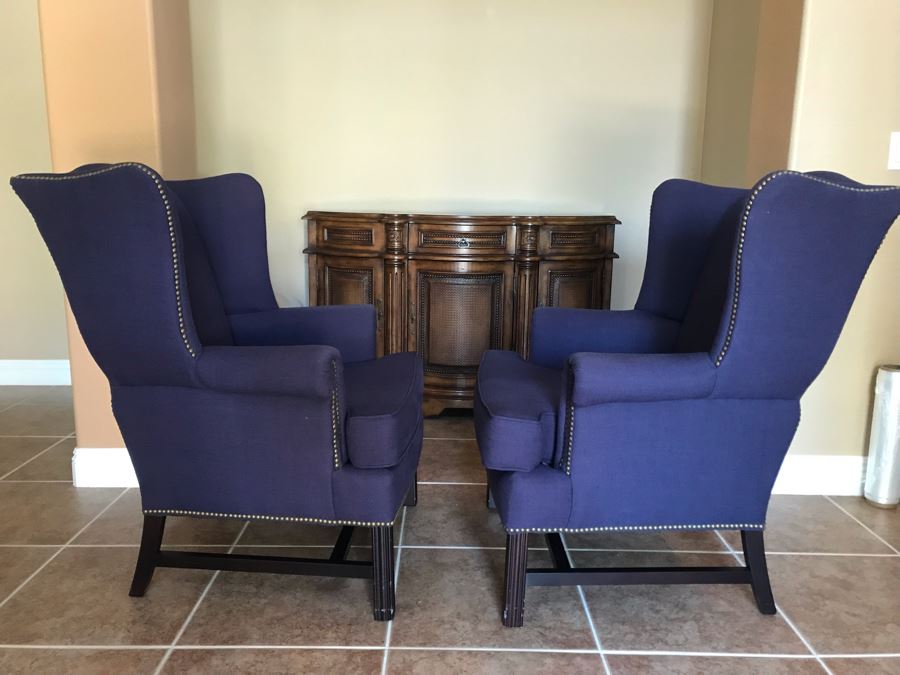 LAST MINUTE ADD - Pair Of Pottery Barn Blue Wingback Chairs With Brass Nailheads - Carlsbad Estate (CE) [Photo 5]
