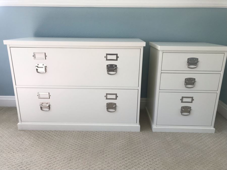 LAST MINUTE ADD - Pair Of Pottery Barn White File Cabinets 41W X 17D X 29.5H, 20.5W X 17D X 28.5H - CE [Photo 2]