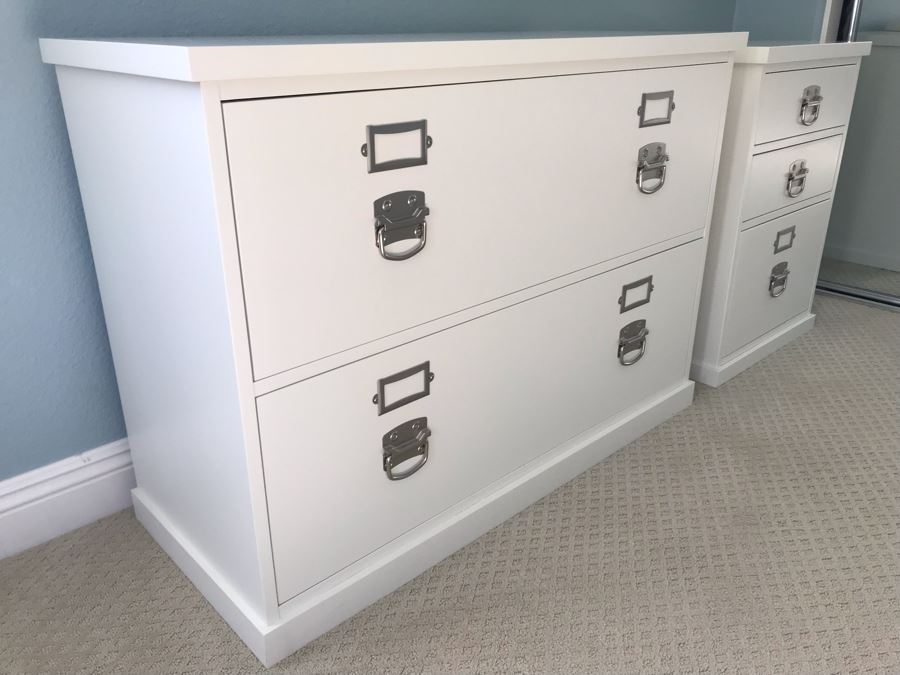 LAST MINUTE ADD - Pair Of Pottery Barn White File Cabinets 41W X 17D X 29.5H, 20.5W X 17D X 28.5H - CE [Photo 3]