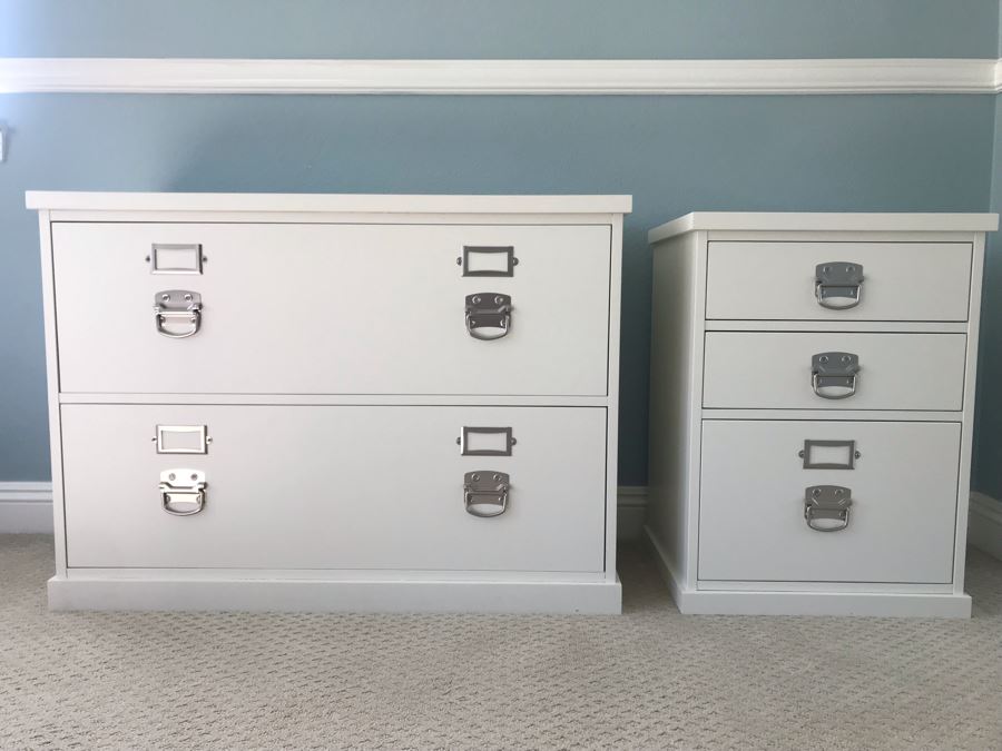 LAST MINUTE ADD - Pair Of Pottery Barn White File Cabinets 41W X 17D X 29.5H, 20.5W X 17D X 28.5H - CE [Photo 1]