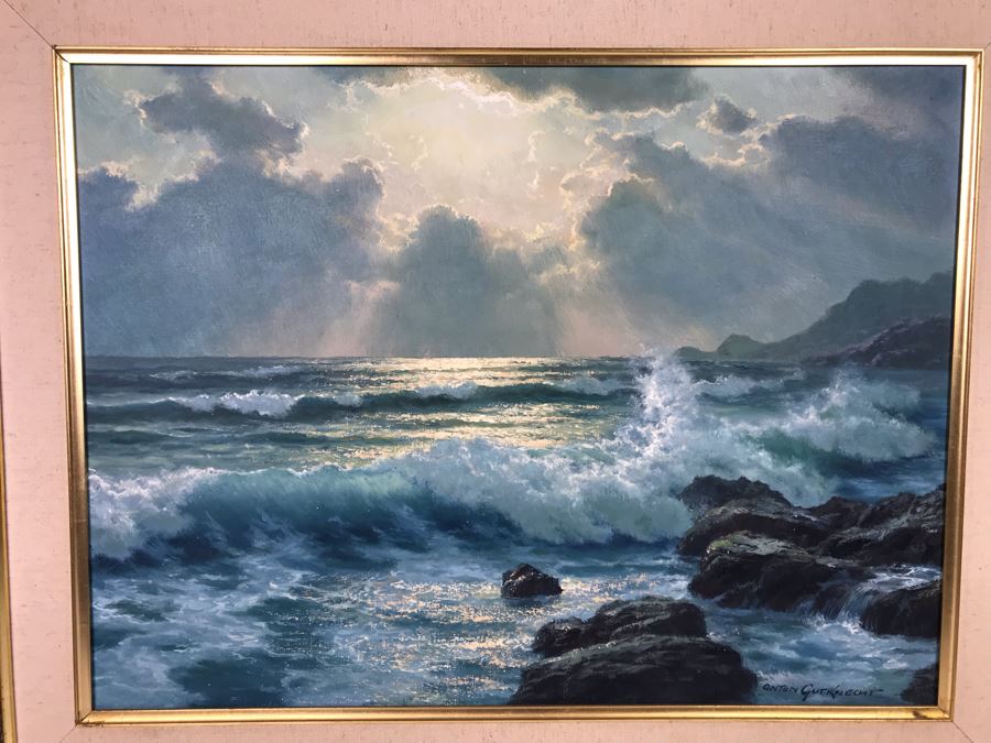 Original Oil Painting By Anton Gutknecht (1907-1988) Seascape Painting 26 X 18 [Photo 4]