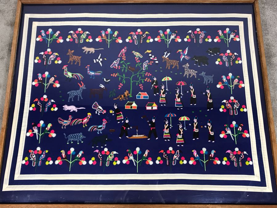 Large South American Folk Art Embroidery With Animals And Figures 52 X 43 [Photo 1]
