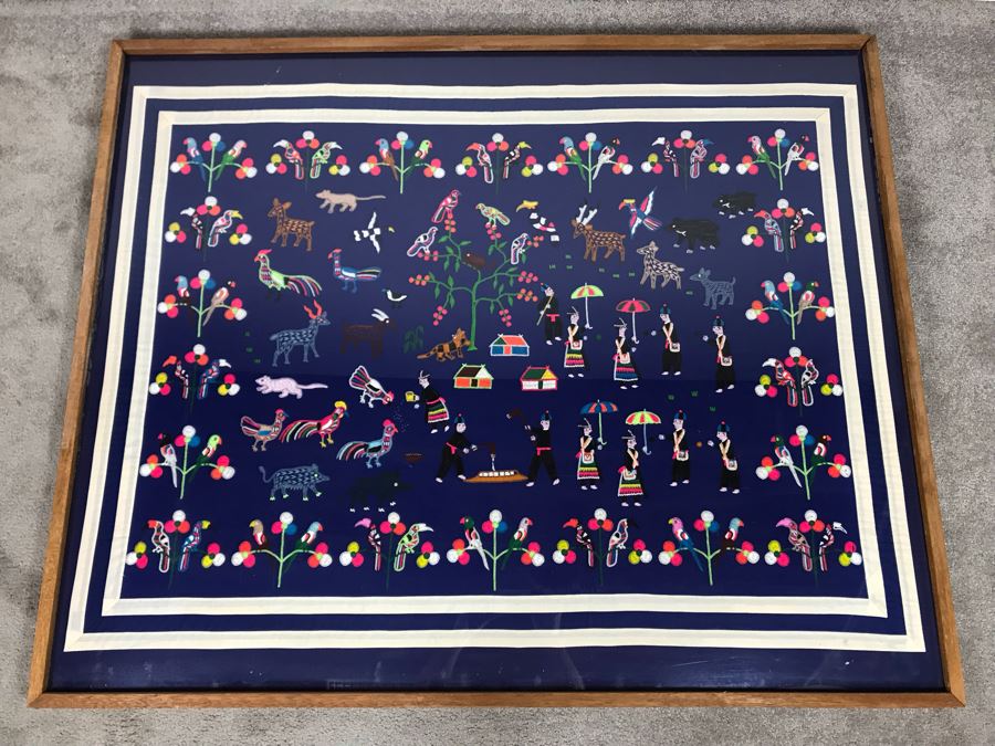 Large South American Folk Art Embroidery With Animals And Figures 52 X 43 [Photo 2]