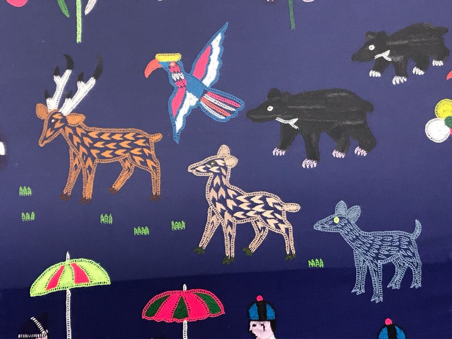 Large South American Folk Art Embroidery With Animals And Figures 52 X 43 [Photo 12]