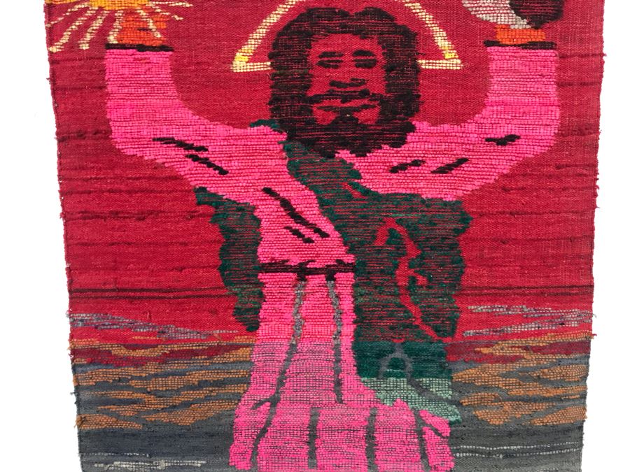 Woven Tapestry On Board Of Jesus Christ Hold Sun In One Hand And Yin And Yang Symbol In Other Hand 35W X 40H [Photo 4]