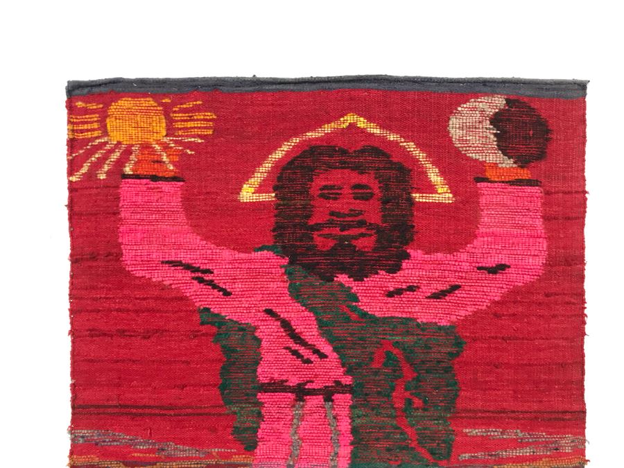 Woven Tapestry On Board Of Jesus Christ Hold Sun In One Hand And Yin And Yang Symbol In Other Hand 35W X 40H [Photo 3]