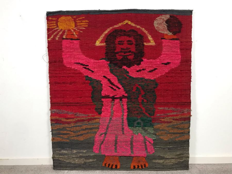 Woven Tapestry On Board Of Jesus Christ Hold Sun In One Hand And Yin And Yang Symbol In Other Hand 35W X 40H [Photo 2]