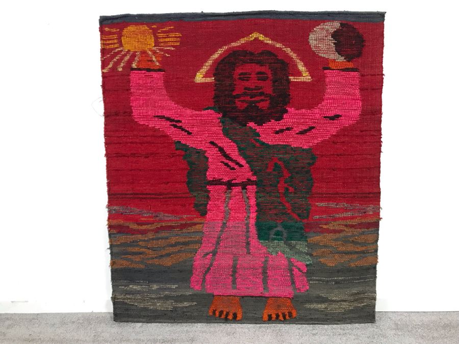 Woven Tapestry On Board Of Jesus Christ Hold Sun In One Hand And Yin And Yang Symbol In Other Hand 35W X 40H [Photo 1]
