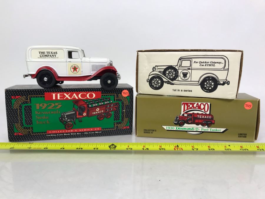 (3) ERTL/Texaco Collector Series Cast Iron Banks And (1) ERTL 1932 Ford Panel Delivery Ethyl Corporation [Photo 1]