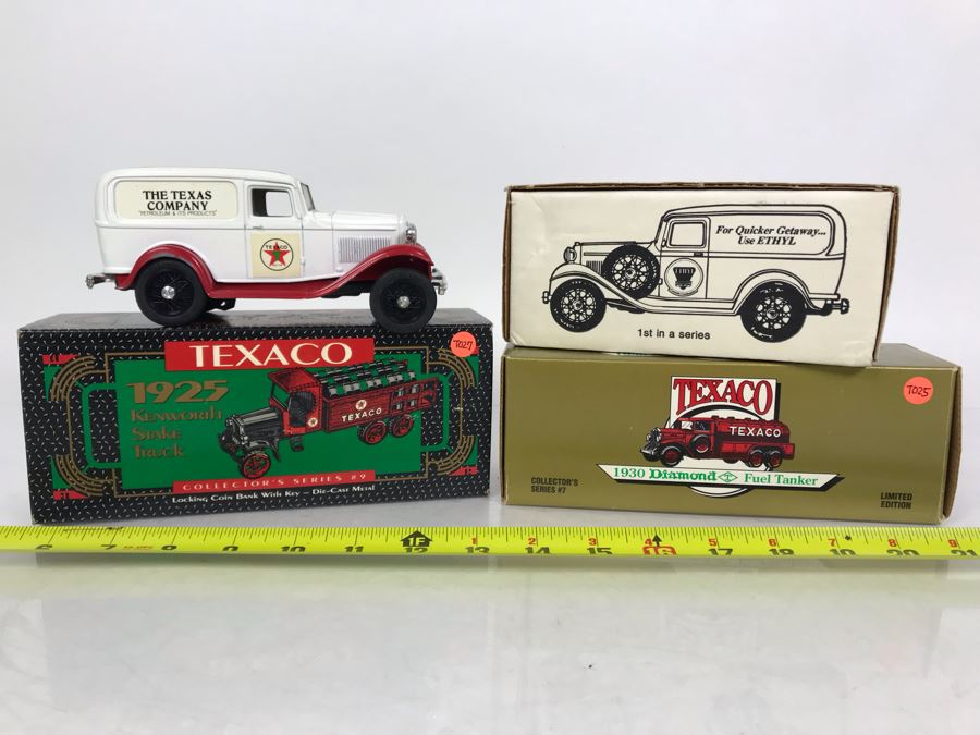 (3) ERTL/Texaco Collector Series Cast Iron Banks And (1) ERTL 1932 Ford Panel Delivery Ethyl Corporation