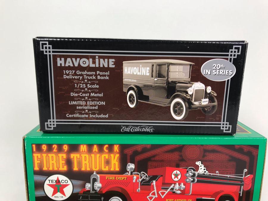 New Old Stock Havoline Ertl Collectibles Limited Edition 1927 Graham Panel Delivery Truck Bank And Texaco 1929 Mack Fire Truck Die Cast Metal Bank [Photo 3]