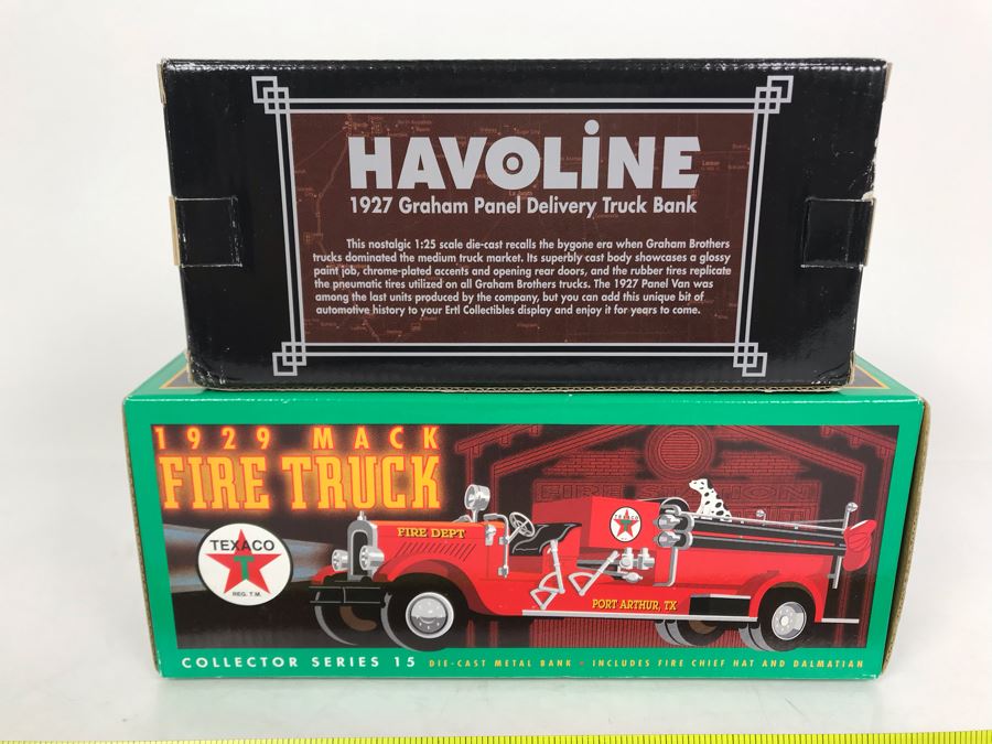 New Old Stock Havoline Ertl Collectibles Limited Edition 1927 Graham Panel Delivery Truck Bank And Texaco 1929 Mack Fire Truck Die Cast Metal Bank [Photo 8]
