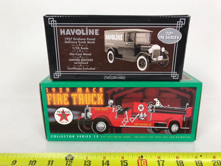 New Old Stock Havoline Ertl Collectibles Limited Edition 1927 Graham Panel Delivery Truck Bank And Texaco 1929 Mack Fire Truck Die Cast Metal Bank [Photo 1]
