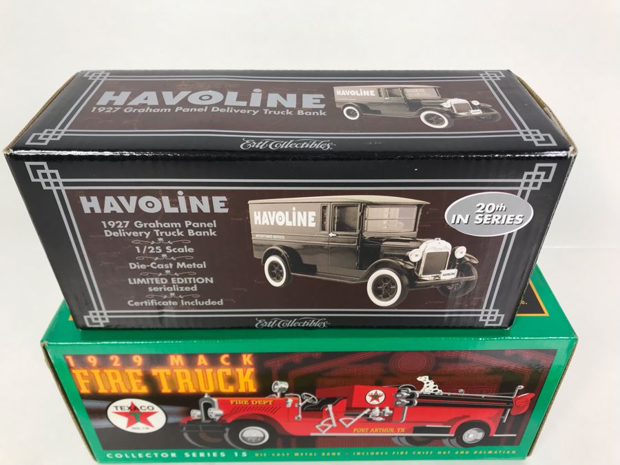 New Old Stock Havoline Ertl Collectibles Limited Edition 1927 Graham Panel Delivery Truck Bank And Texaco 1929 Mack Fire Truck Die Cast Metal Bank [Photo 4]