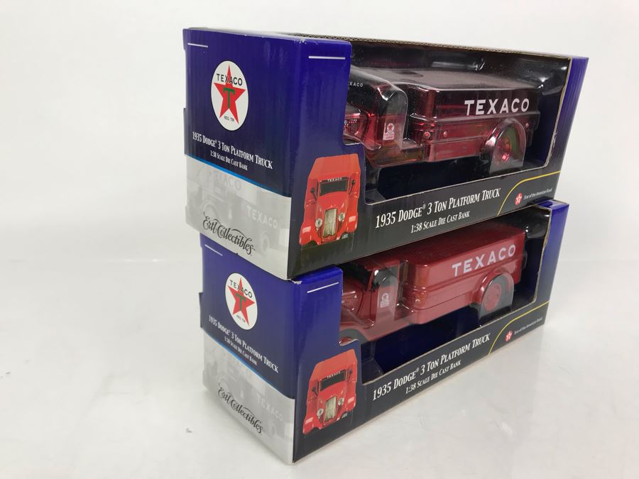 Pair Of New Old Stock Texaco Die Cast Cast Iron Banks 1935 Dodge 3 Ton Platform Trucks [Photo 6]