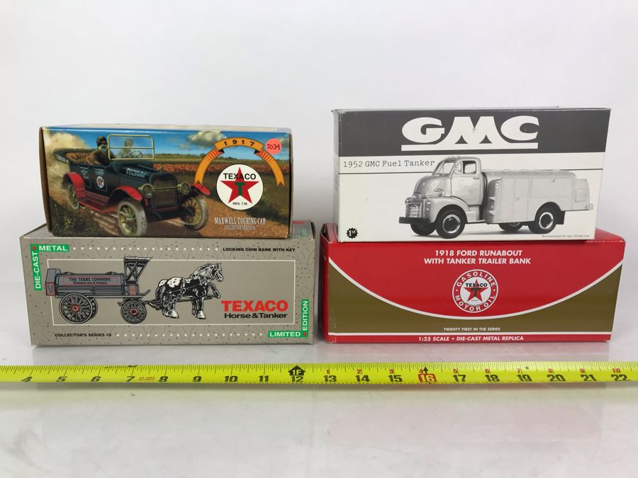 New Old Stock (3) Texaco Cast Iron Banks And (1) 1952 GMC Fuel Tanker [Photo 1]