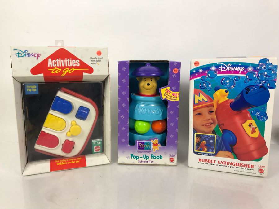 (3) New Old Stock Disney Toys: Pop-Up Pooh, Bubble Extinguisher And Activities To Go - These Toys Were Prototyped By Client