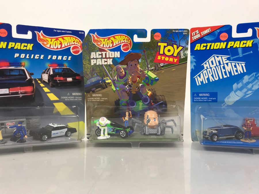 (3) New Old Stock Mattel Hot Wheels Action Packs: Toy Story, Police Force And Home Improvement - These Toys Prototyped By Client