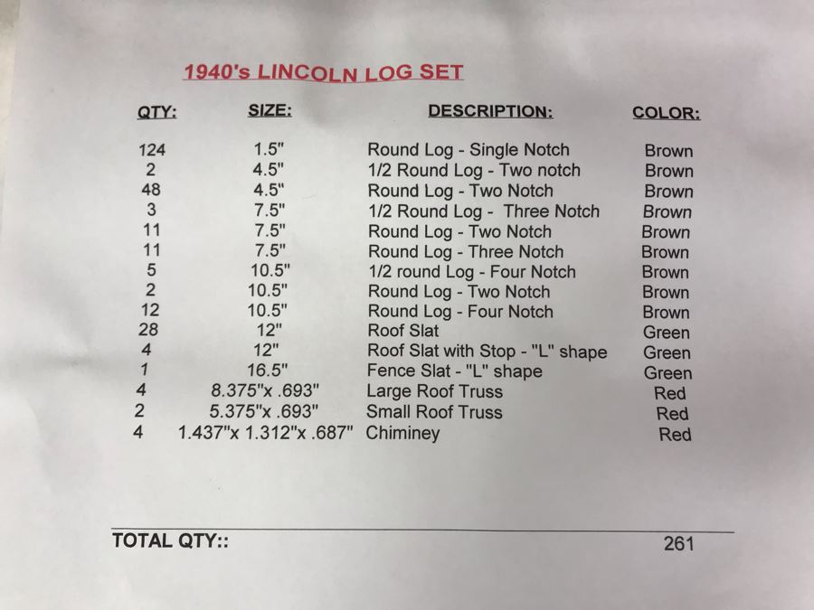 Vintage 1940's Lincoln Log 261 Piece Set - See Photos For Parts Breakdown [Photo 3]