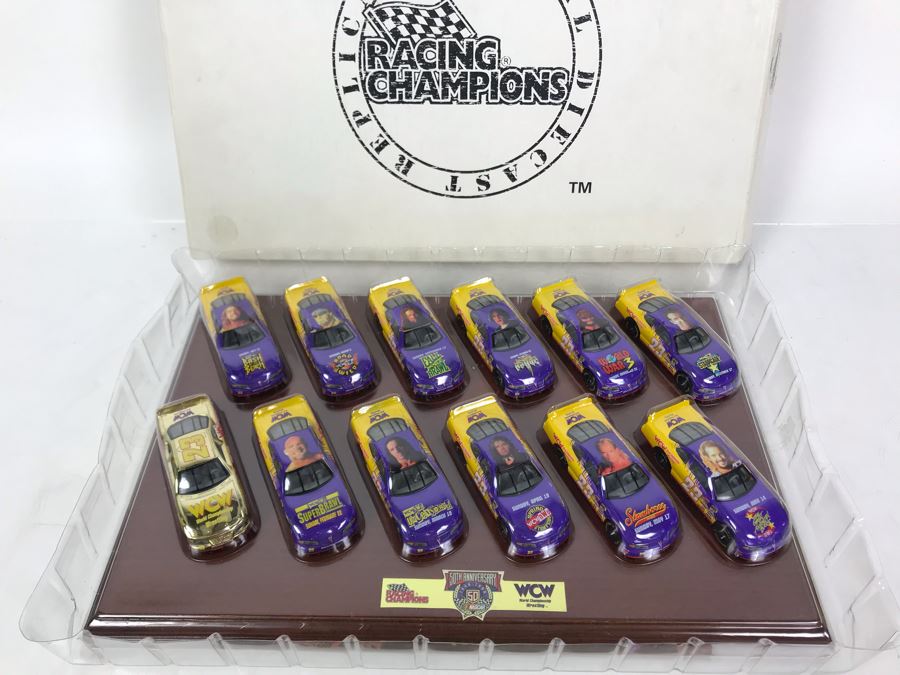 50th Anniversary Of NASCAR Racing Champions Cars WCW World Championship Wrestling 12 Cars With Wooden Display Base And Box