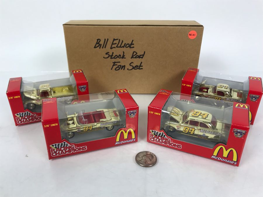 Rare Bill Elliot Stock Rod Fan Set With (4) Gold Cars