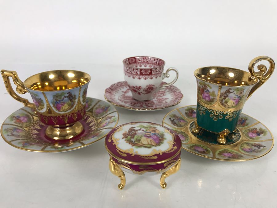 Limoges France Footed Trinket Box And (3) European Demitasse Cups And Saucers [Photo 3]