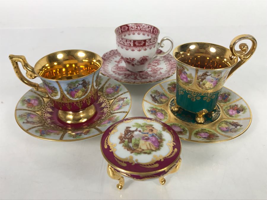 Limoges France Footed Trinket Box And (3) European Demitasse Cups And Saucers