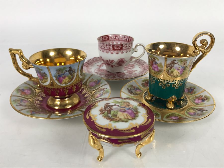 Limoges France Footed Trinket Box And (3) European Demitasse Cups And Saucers [Photo 2]