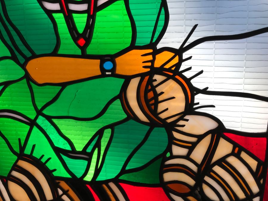 One-Of-A-Kind Hand Crafted Artist Stained Glass Window Depicting Native American Basket Weaving By Maria 'Rita' Becker 24 X 32 [Photo 10]