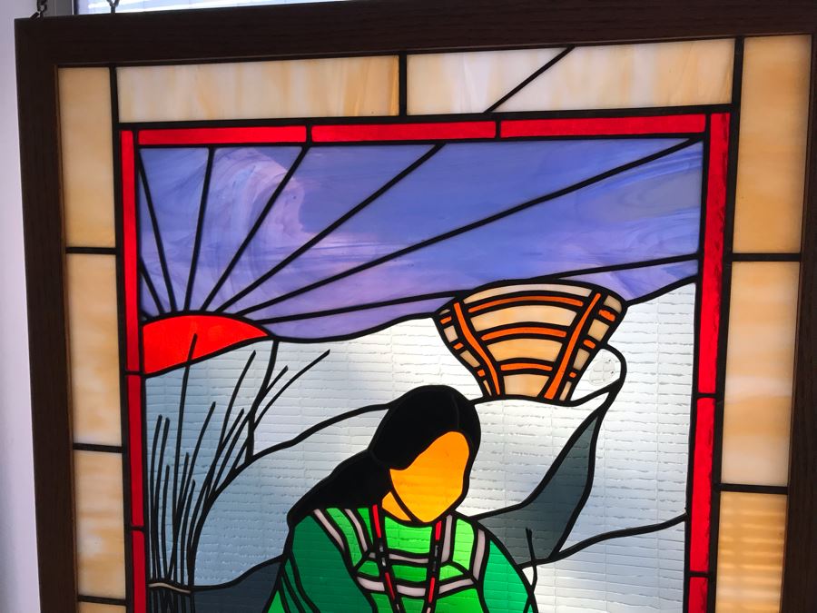 One-Of-A-Kind Hand Crafted Artist Stained Glass Window Depicting Native American Basket Weaving By Maria 'Rita' Becker 24 X 32 [Photo 5]