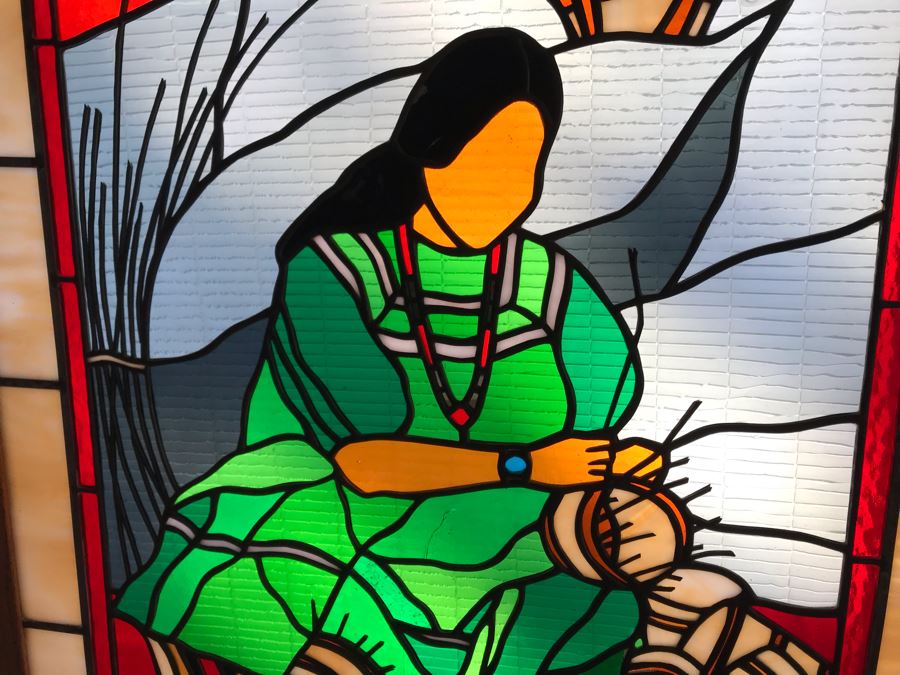 One-Of-A-Kind Hand Crafted Artist Stained Glass Window Depicting Native American Basket Weaving By Maria 'Rita' Becker 24 X 32 [Photo 9]