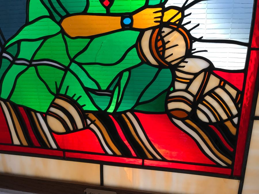 One-Of-A-Kind Hand Crafted Artist Stained Glass Window Depicting Native American Basket Weaving By Maria 'Rita' Becker 24 X 32 [Photo 8]