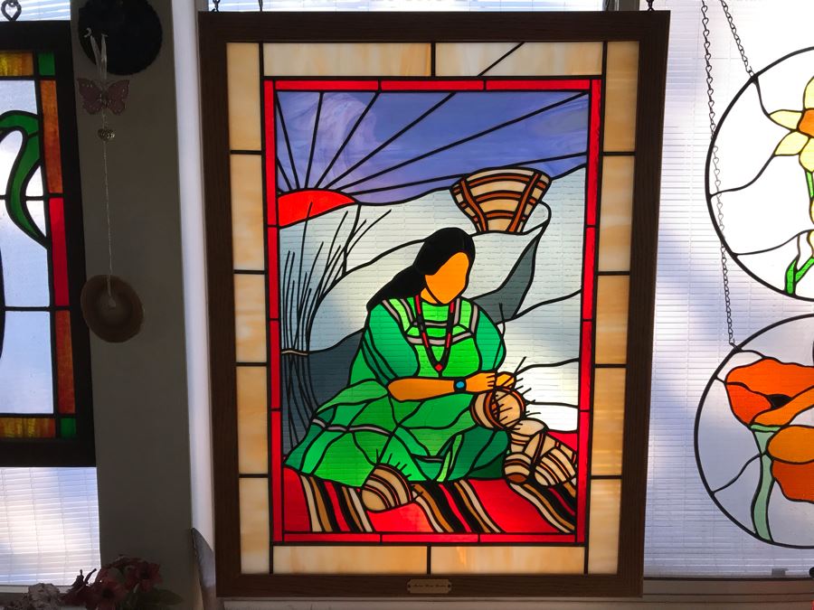 One-Of-A-Kind Hand Crafted Artist Stained Glass Window Depicting Native American Basket Weaving By Maria 'Rita' Becker 24 X 32 [Photo 4]