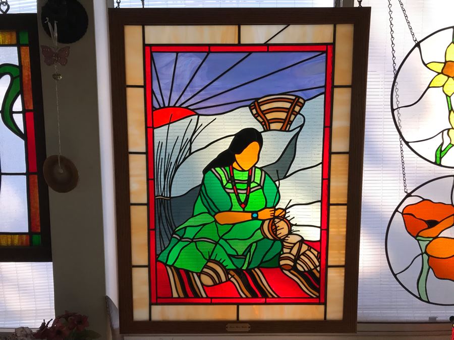 One-Of-A-Kind Hand Crafted Artist Stained Glass Window Depicting Native American Basket Weaving By Maria 'Rita' Becker 24 X 32 [Photo 3]