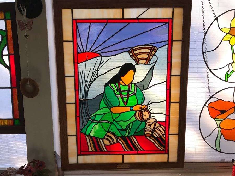 One-Of-A-Kind Hand Crafted Artist Stained Glass Window Depicting Native American Basket Weaving By Maria 'Rita' Becker 24 X 32