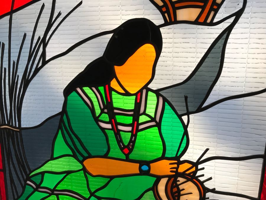 One-Of-A-Kind Hand Crafted Artist Stained Glass Window Depicting Native American Basket Weaving By Maria 'Rita' Becker 24 X 32 [Photo 6]