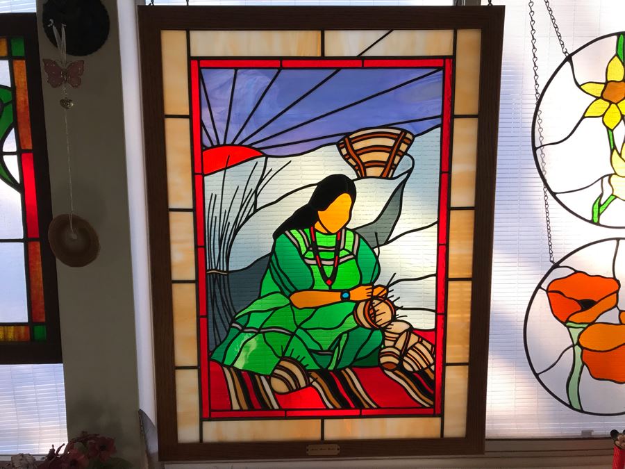 One-Of-A-Kind Hand Crafted Artist Stained Glass Window Depicting Native American Basket Weaving By Maria 'Rita' Becker 24 X 32 [Photo 2]