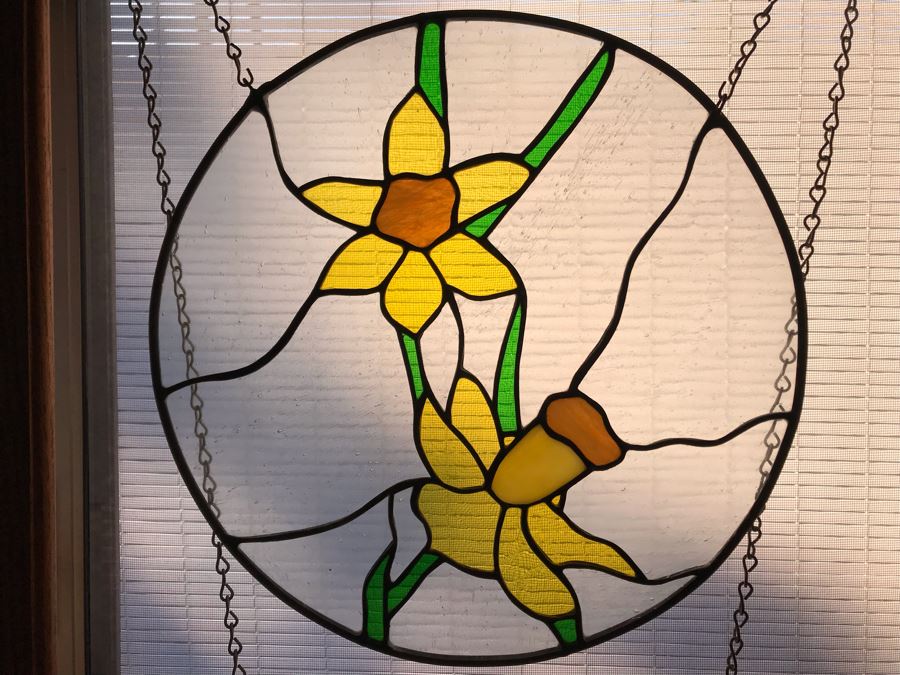 Pair Of Round One-Of-A-Kind Hand Crafted Artist Stained Glass Windows By Maria 'Rita' Becker 13.5R [Photo 2]