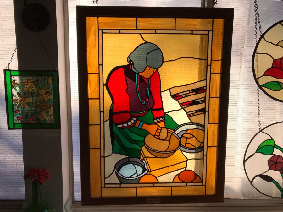 One-Of-A-Kind Hand Crafted Artist Stained Glass Window By Maria 'Rita' Becker 24 X 32