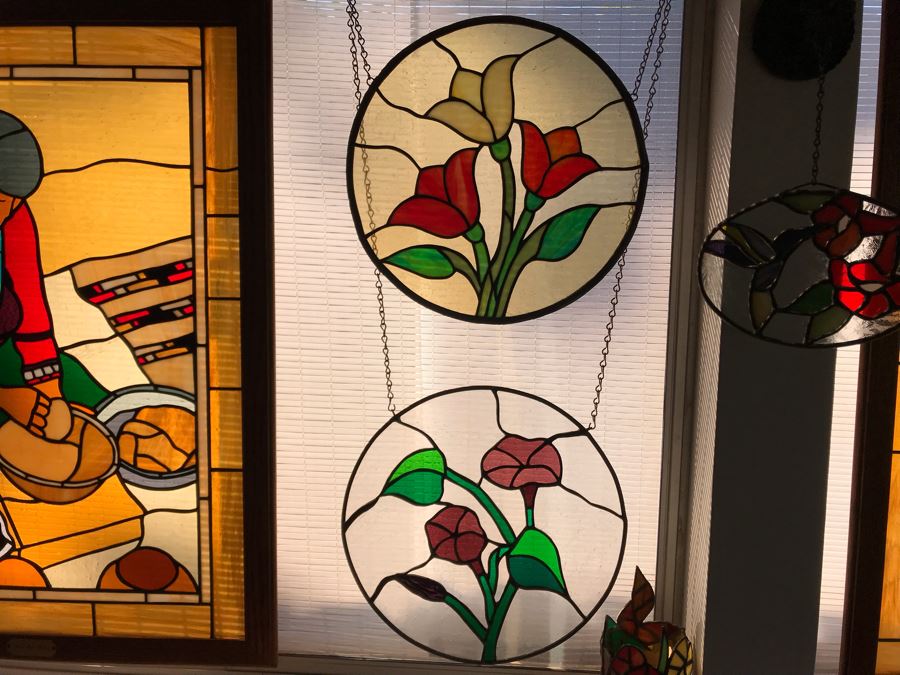Pair Of Round One-Of-A-Kind Hand Crafted Artist Stained Glass Windows By Maria 'Rita' Becker 13.5R [Photo 2]