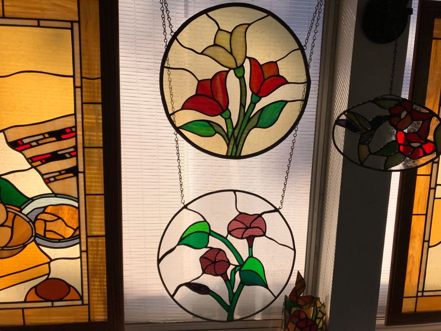 Pair Of Round One-Of-A-Kind Hand Crafted Artist Stained Glass Windows By Maria 'Rita' Becker 13.5R [Photo 1]