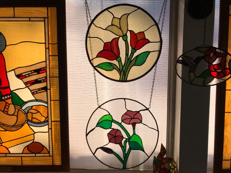 Pair Of Round One-Of-A-Kind Hand Crafted Artist Stained Glass Windows By Maria 'Rita' Becker 13.5R [Photo 3]