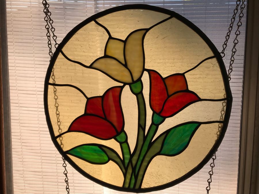 Pair Of Round One-Of-A-Kind Hand Crafted Artist Stained Glass Windows By Maria 'Rita' Becker 13.5R [Photo 5]
