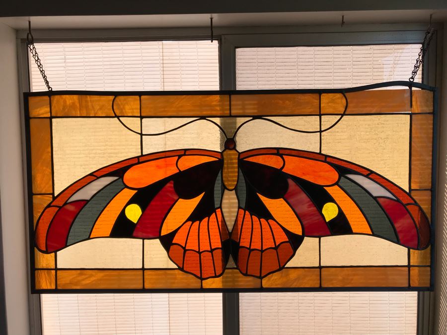 One-Of-A-Kind Hand Crafted Artist Stained Glass Window Of Butterfly By Maria 'Rita' Becker 36 X 18 - Top Right Metal Frame Is Bent And Needs Repair