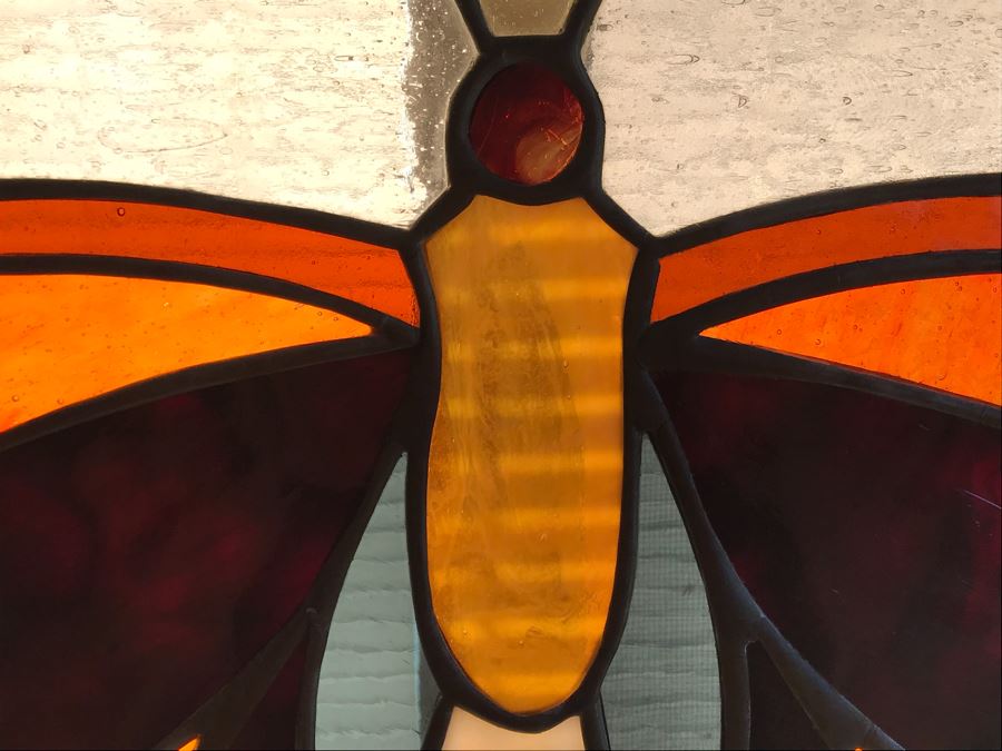 One-Of-A-Kind Hand Crafted Artist Stained Glass Window Of Butterfly By Maria 'Rita' Becker 36 X 18 - Top Right Metal Frame Is Bent And Needs Repair [Photo 5]