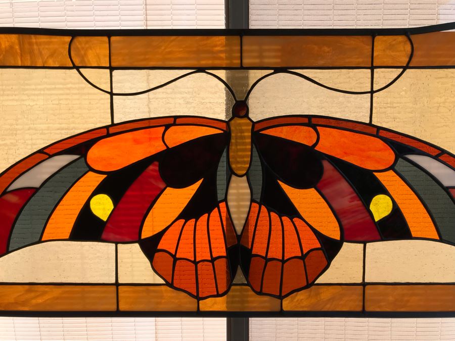 One-Of-A-Kind Hand Crafted Artist Stained Glass Window Of Butterfly By Maria 'Rita' Becker 36 X 18 - Top Right Metal Frame Is Bent And Needs Repair [Photo 3]