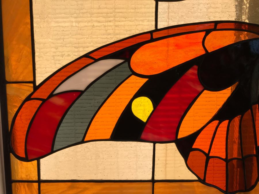 One-Of-A-Kind Hand Crafted Artist Stained Glass Window Of Butterfly By Maria 'Rita' Becker 36 X 18 - Top Right Metal Frame Is Bent And Needs Repair [Photo 4]