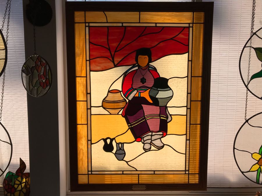 One-Of-A-Kind Hand Crafted Artist Stained Glass Window Titled 'Ode To Maria Martinez Native American Pottery' By Maria 'Rita' Becker 24 X 32 [Photo 3]