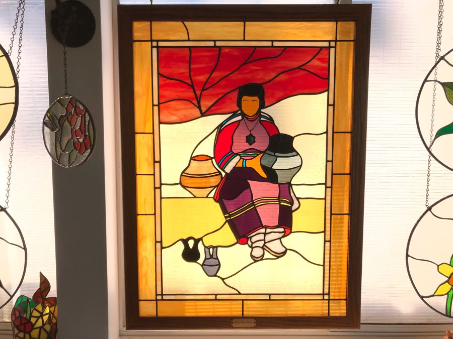 One-Of-A-Kind Hand Crafted Artist Stained Glass Window Titled 'Ode To Maria Martinez Native American Pottery' By Maria 'Rita' Becker 24 X 32 [Photo 1]