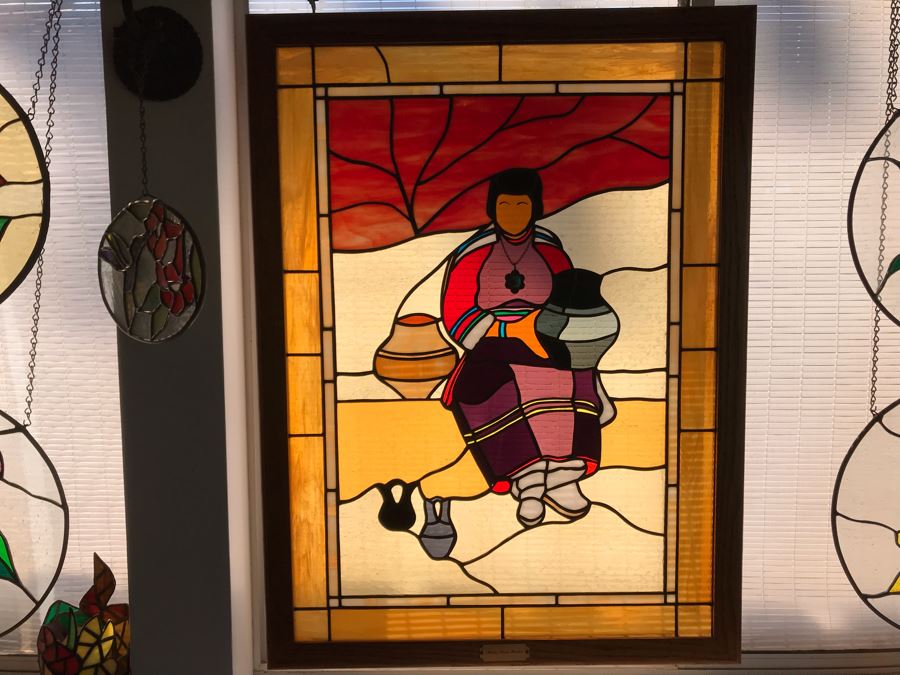 One-Of-A-Kind Hand Crafted Artist Stained Glass Window Titled 'Ode To Maria Martinez Native American Pottery' By Maria 'Rita' Becker 24 X 32 [Photo 2]